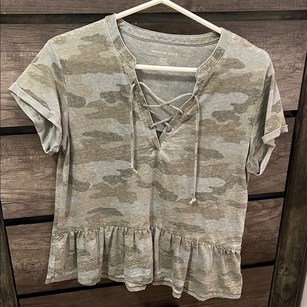 American Eagle Outfitters Camo Lace-Up Peplum Tee